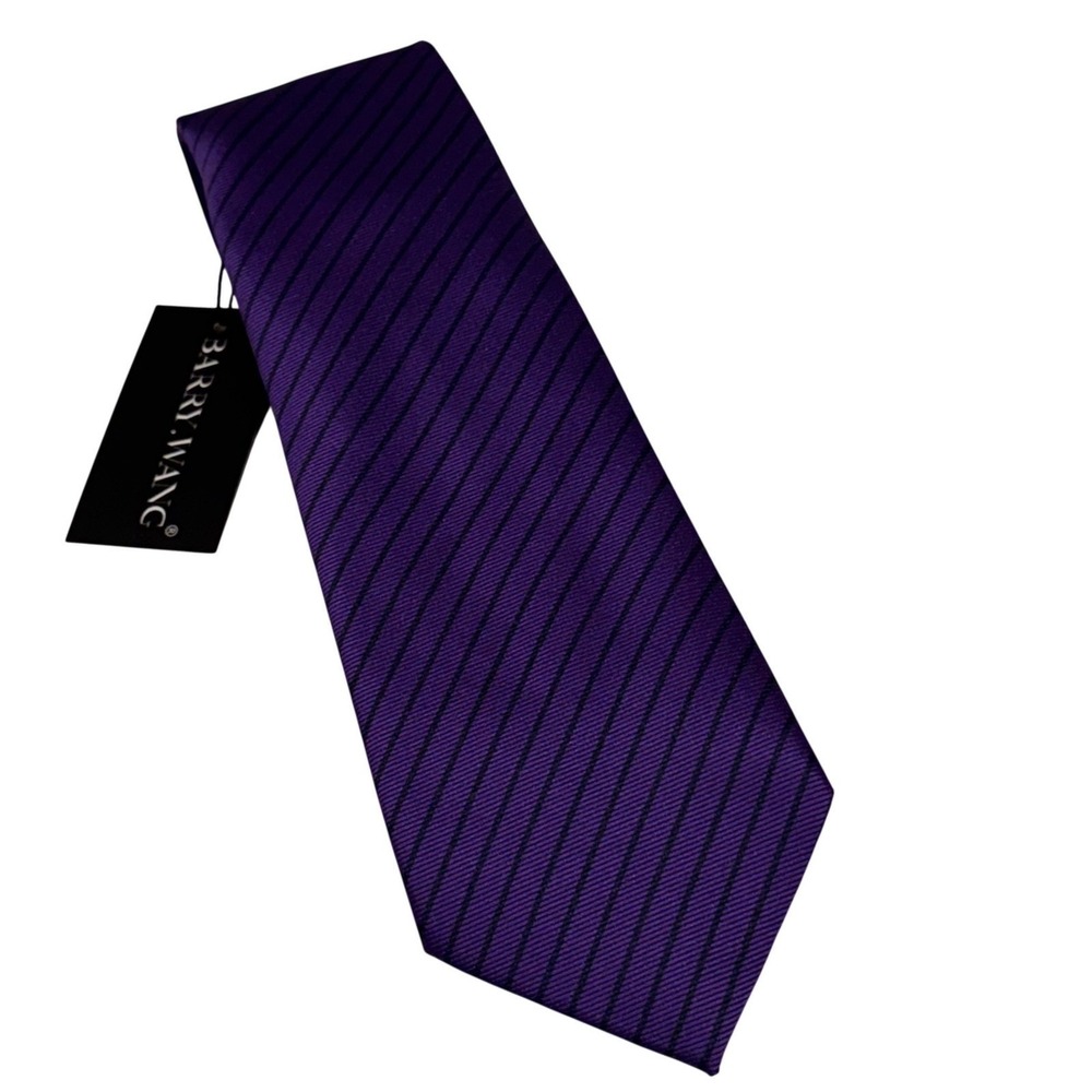 Barry Wang Tie Mens Purple 100% Silk Striped‎ Hand Tailored Formal Business Tie